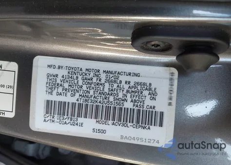 2002 Toyota Camry Le из США, поврежденный, VIN 4T1BE32K42U551565